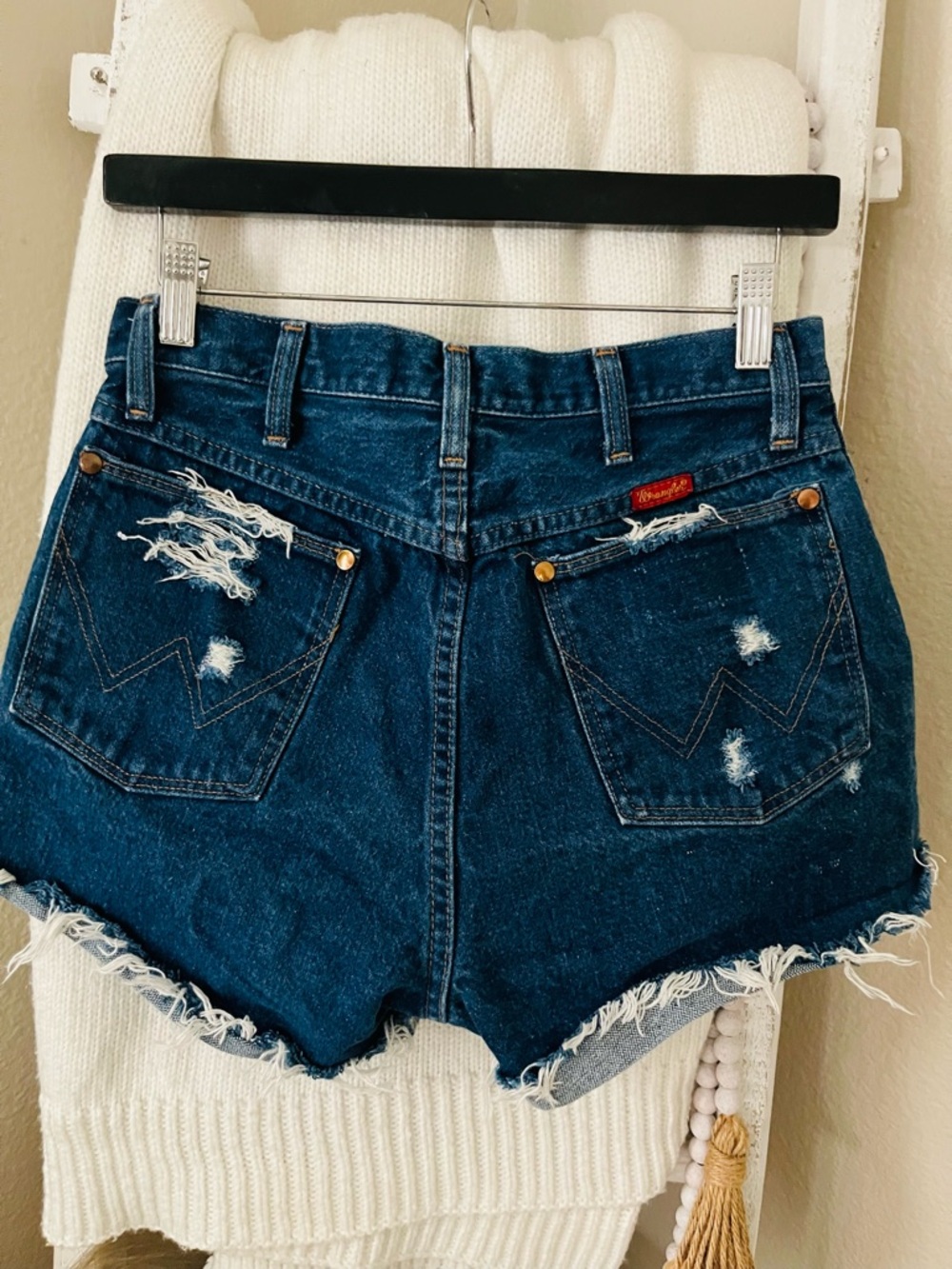 Wrangler Dark Blue High-Waist Distressed Denim Shorts